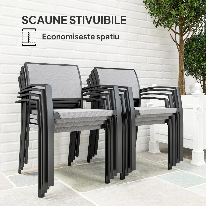 Outsunny Set de Grădină cu Masă de Prânz Dreptunghiulară și 8 Scaune Empilabile cu Brațe, Gri