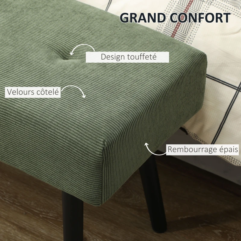 HOMCOM Banc banquette bout de lit rembourré en velours côtelé et pieds en acier noir charge 220 Kg 100 x 36 x 45 cm vert