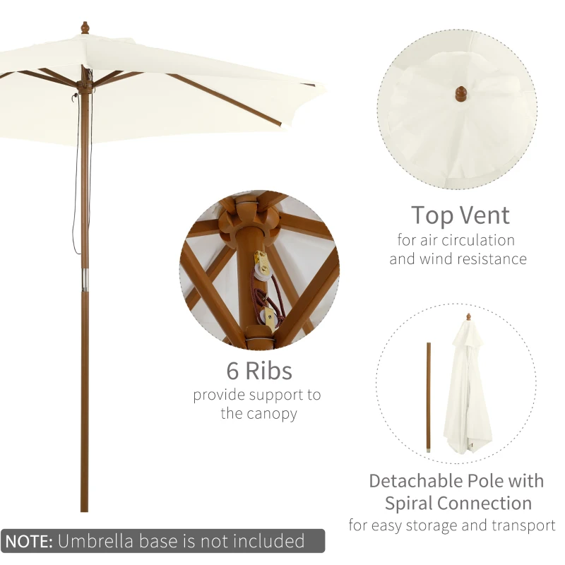 Outsunny 2.5m Patio Umbrella, Wood Garden Parasol, Sun Shade with 6 Ribs and Top Vent for Outdoor, White
