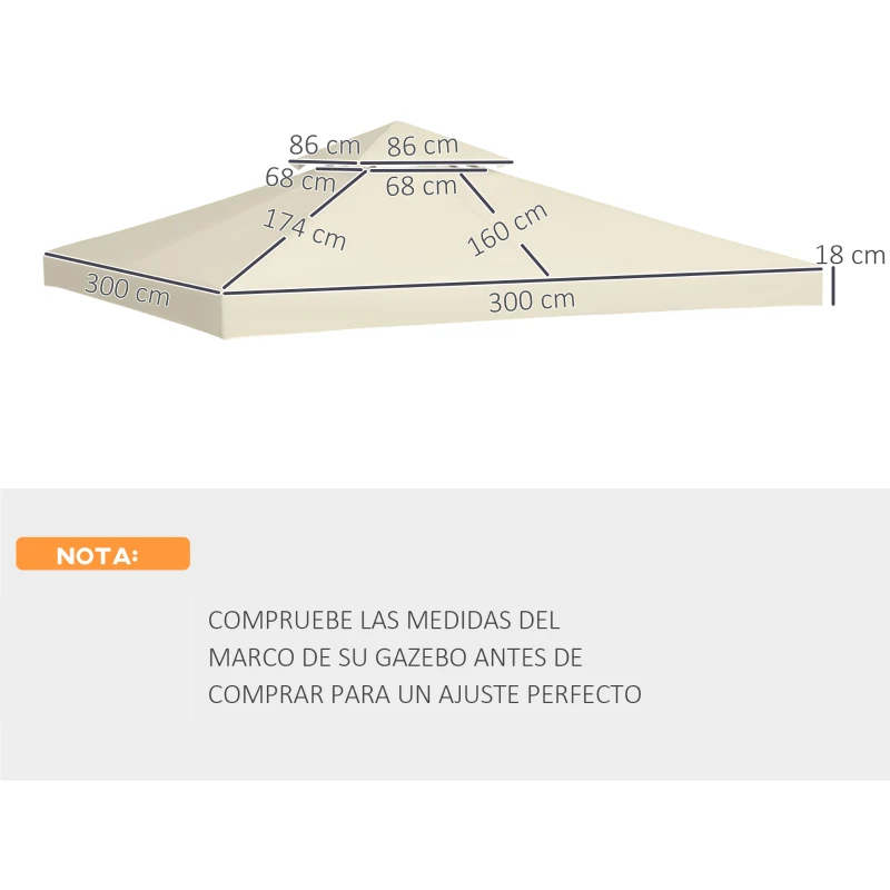 Outsunny Techo de Reemplazo 3x3 m para Carpa Pabellón Cubierta de Repuesto de Gazebo Pabellón con Techo Transpirable 8 Orificios de Drenaje Crema