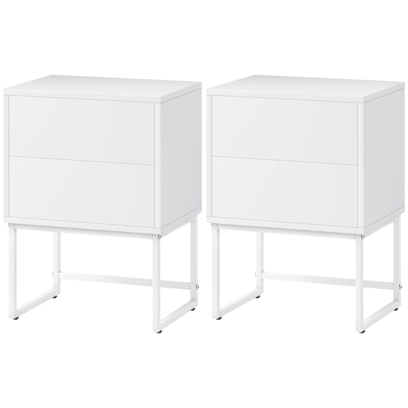 HOMCOM Pack de 2 Mesitas de Noche Estrechas con 2 Cajones Apertura por Presión y Patas de Acero 40x30x55 cm Blanco