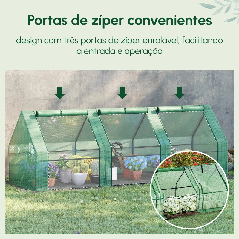 Outsunny Estufa de Jardim Terraço 270x90x90 cm Tipo Casa Tubo de Aço com 3 Janelas Estufa Pequena para Cultivo de Plantas Verde