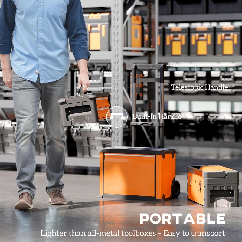 HOMCOM 3-in-1 Stackable Rolling Tool Box - Orange