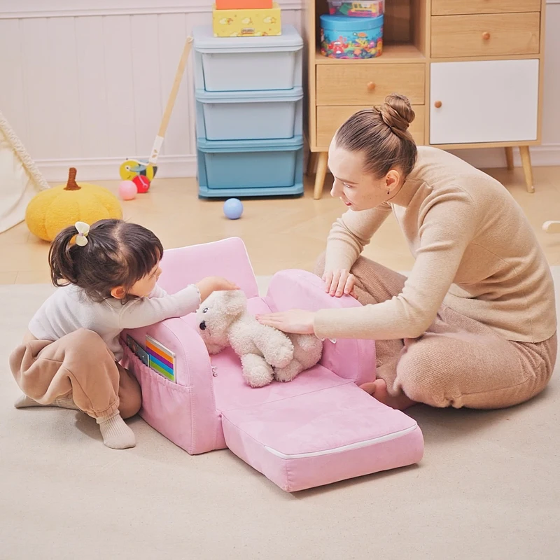 HOMCOM 2-in-1 Kids Armchair, Toddler Sofa Bed, with Wood Frame, for Bedroom, Playroom - Pink