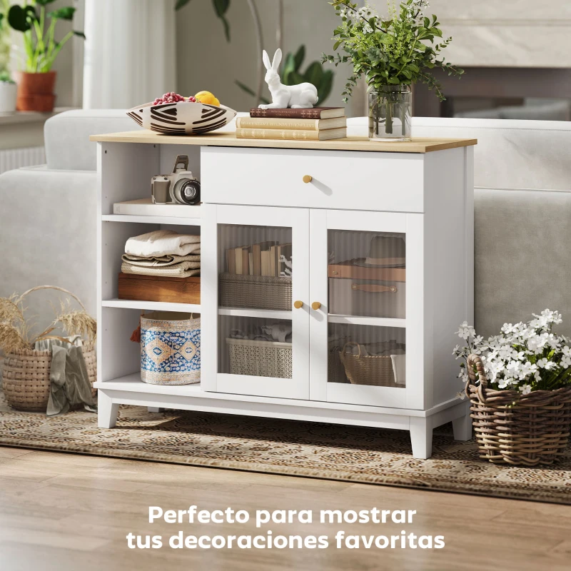 HOMCOM Aparador para Salón con 2 Puertas de Vidrio Cajón Compartimentos Abiertos y Estantes Ajustables 100x35x80,3 cm Blanco