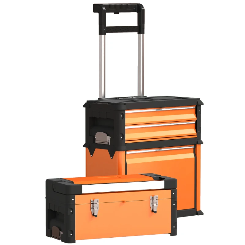 HOMCOM 3-in-1 Stackable Rolling Tool Box - Orange