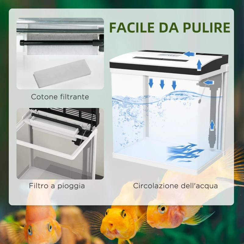 PawHut Acquario 28L a Illuminazione LED con Fori di Ventilazione e Pompa, in Vetro e ABS, 38x26x38cm