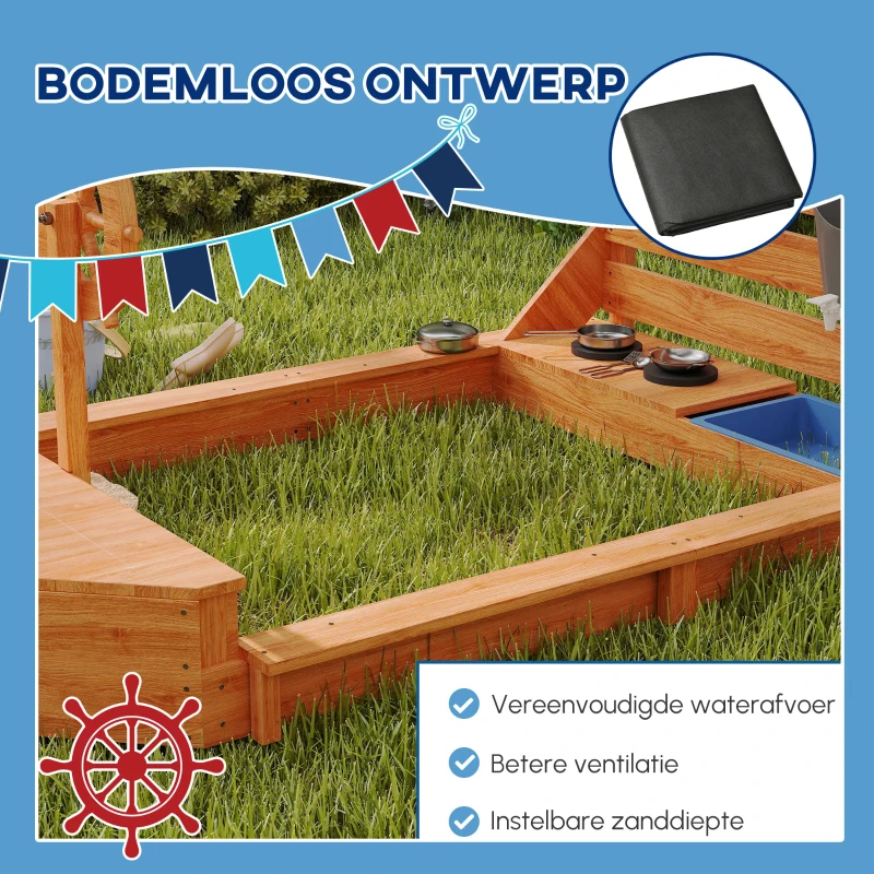 Outsunny Zandbak met Zonnedak Piratenschip, incl. Keukenspeelset voor Kinderen, Massief Hout, 180 x 103 x 144,5 cm, Oranje