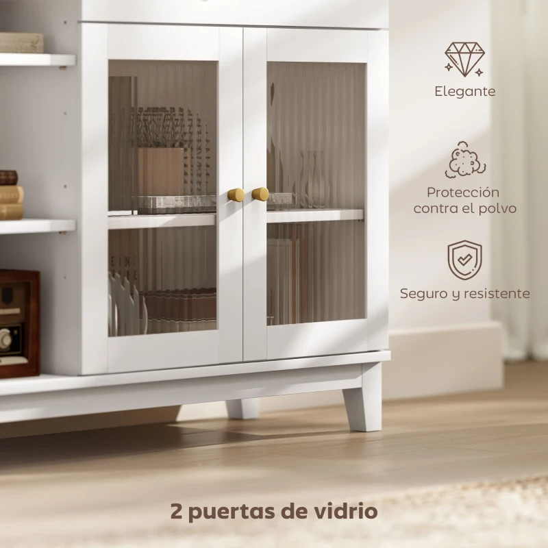 HOMCOM Aparador para Salón con 2 Puertas de Vidrio Cajón Compartimentos Abiertos y Estantes Ajustables 100x35x80,3 cm Blanco