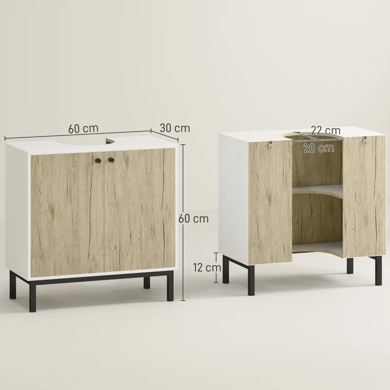 kleankin Mobile Bagno Sotto Lavabo a 2 Ante con Ripiano Interno in Truciolato e Acciaio, 60x30x60 cm, Bianco e Rovere