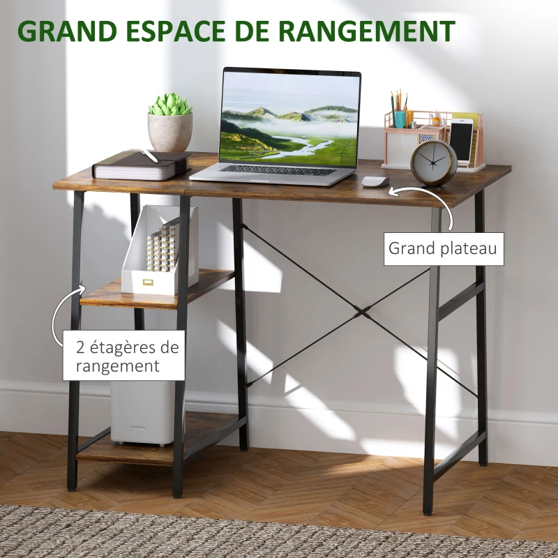 HOMCOM Bureau d'ordinateur, bureau avec rangement  industriel 120 x 60 cm, 2 étagères et cadre en acier, marron