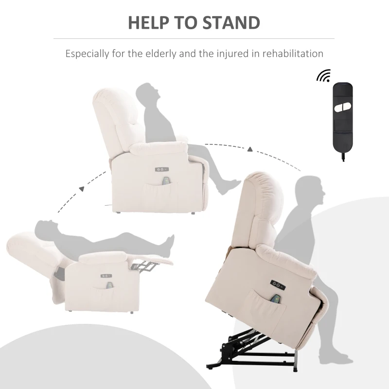 HOMCOM massagestoel opstahulp relaxstoel met verwarmingsfunctie USB-afstandsbediening kort pluche crème 83 x 95 x 105 cm