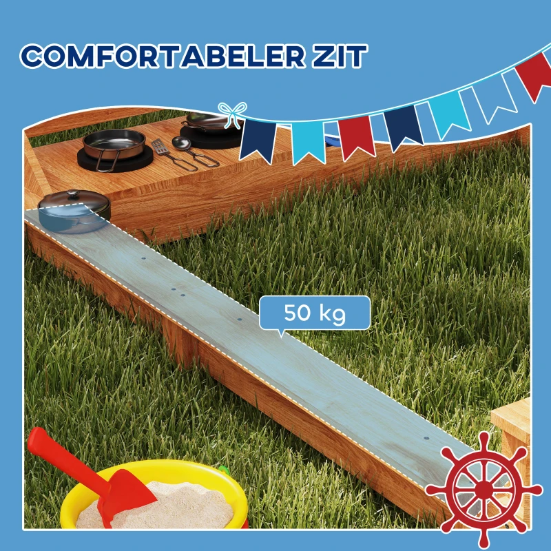 Outsunny Zandbak met Zonnedak Piratenschip, incl. Keukenspeelset voor Kinderen, Massief Hout, 180 x 103 x 144,5 cm, Oranje