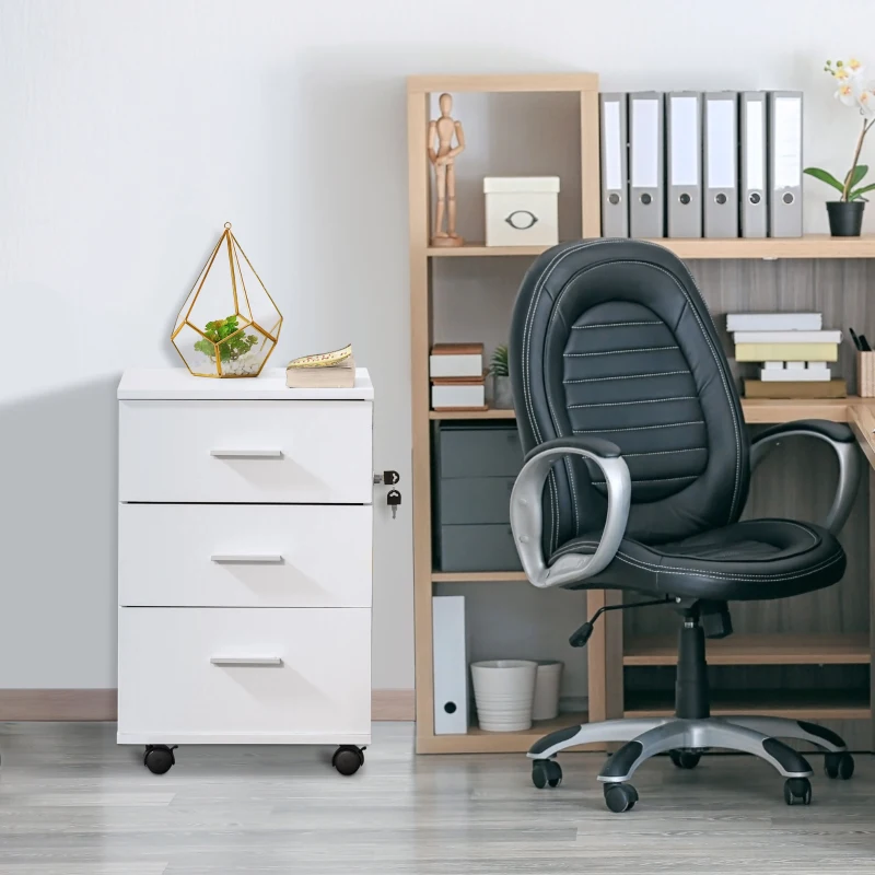 HOMCOM Caisson de Bureau Rangement Bureau sur Roulettes 3 Tiroirs Verrouillables 40 x 40 x 61,5 cm Blanc