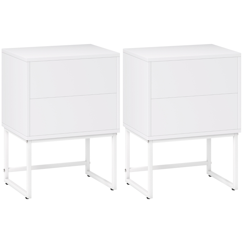 HOMCOM Pack de 2 Mesitas de Noche Estrechas con 2 Cajones Apertura por Presión y Patas de Acero 40x30x55 cm Blanco