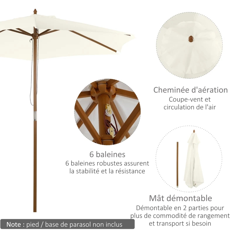 Outsunny Parasol droit parasol de jardin rond grande taille de jardin Ø 2,5 x 2,3H m bois de bambou Blanc