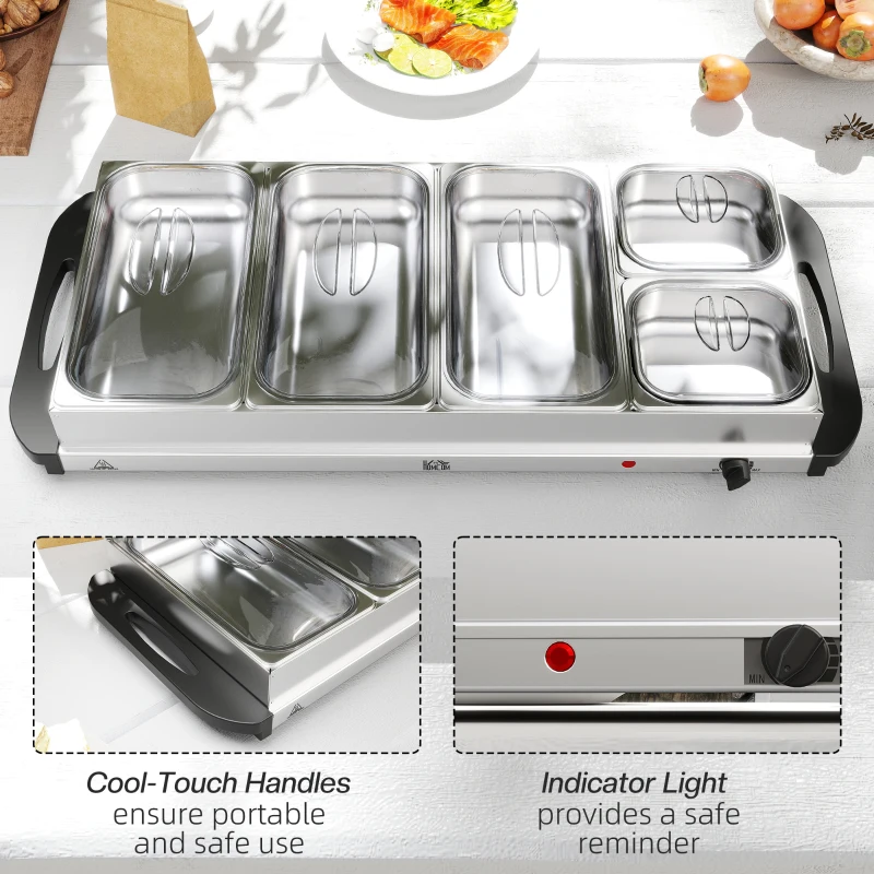 HOMCOM Electric Food Warmer 5 Tray, 9.2L Portable Buffet Server and Warming Tray with Lids, Adjustable Temperature Control and Cool Touch Handles, 450W, 3 x 2.4L and 2 x 1L, Silver Tone