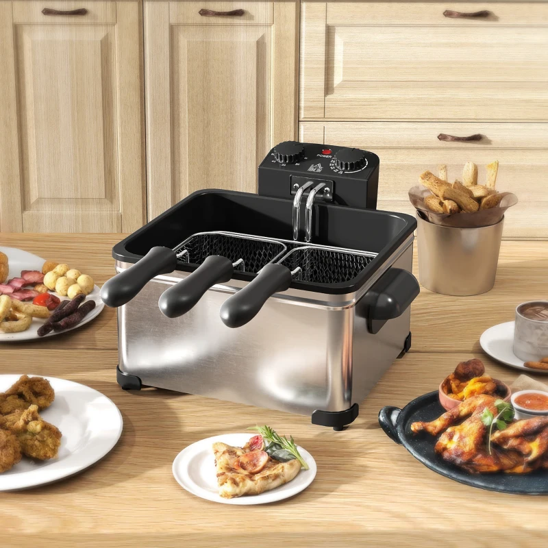 HOMCOM 5 Litre Deep Fat Fryer with Adjustable Temperature & Timer, 2000W Stainless Steel Deep Fryer with Removable Oil Basket and Viewing Window, for Chips Fried Chicken