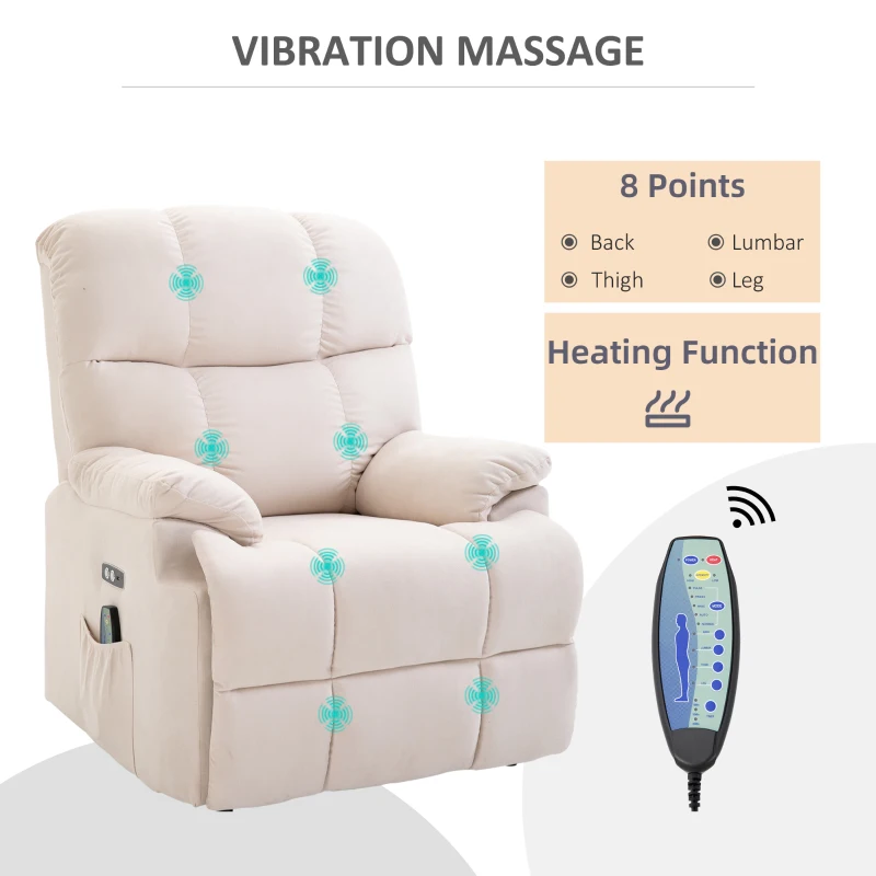 HOMCOM massagestoel opstahulp relaxstoel met verwarmingsfunctie USB-afstandsbediening kort pluche crème 83 x 95 x 105 cm