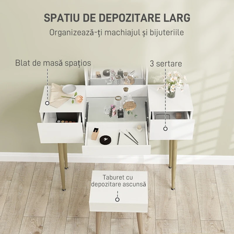 HOMCOM Toaletă cu Oglinză, Taburet, 3 Sertare, Sticlă Temperată, Metal, Lemn Ash.