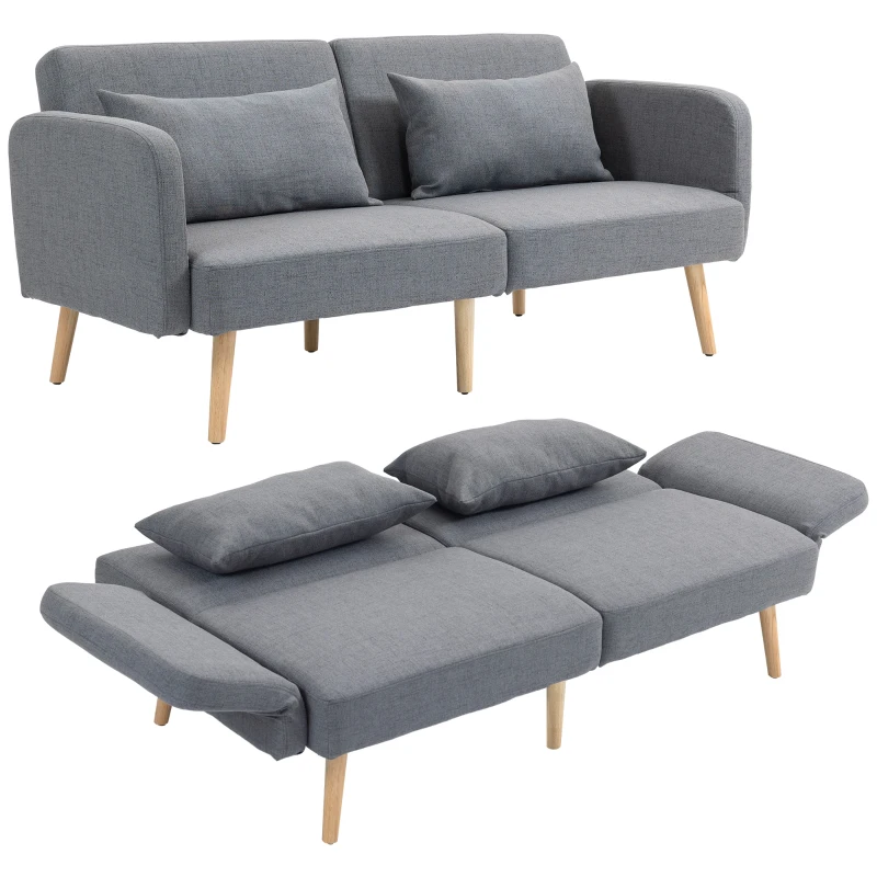 HOMCOM Two-Seater Click-Clack Sofa Bed, with Pillows - Grey