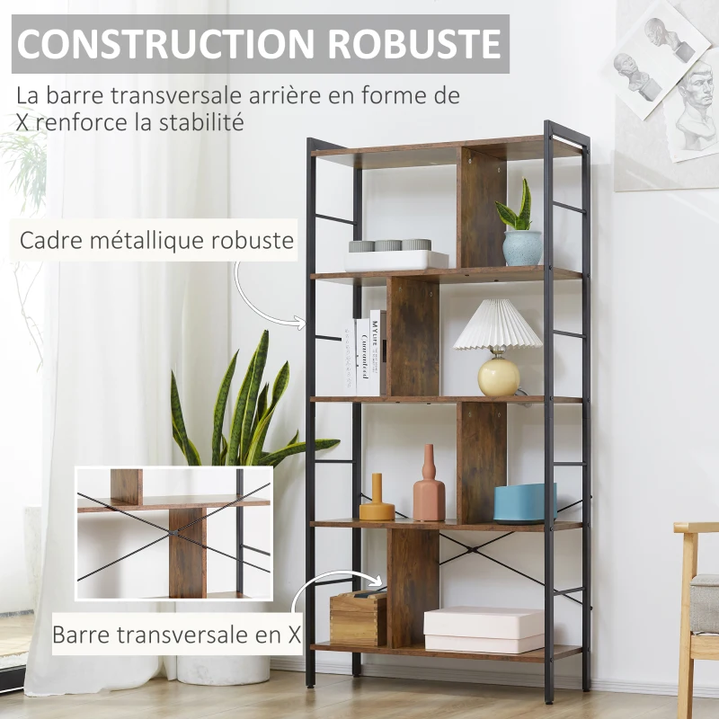 HOMCOM Bibliothèque étagère de rangement à 5 niveaux avec compartiments ouverts 74 x 30 x 157,5 cm brun rustique et noir