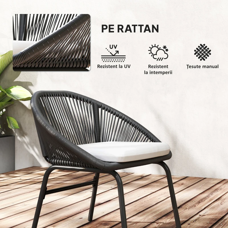 Outsunny Set Bistro pentru Terasa din 3 Piese, Set cu Perne Moi pentru Sezut, Set de Mobilier din Rachita, Negru