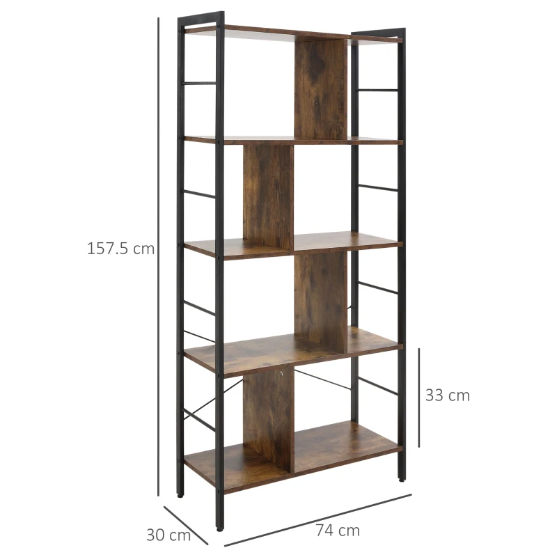 HOMCOM Bibliothèque étagère de rangement à 5 niveaux avec compartiments ouverts 74 x 30 x 157,5 cm brun rustique et noir