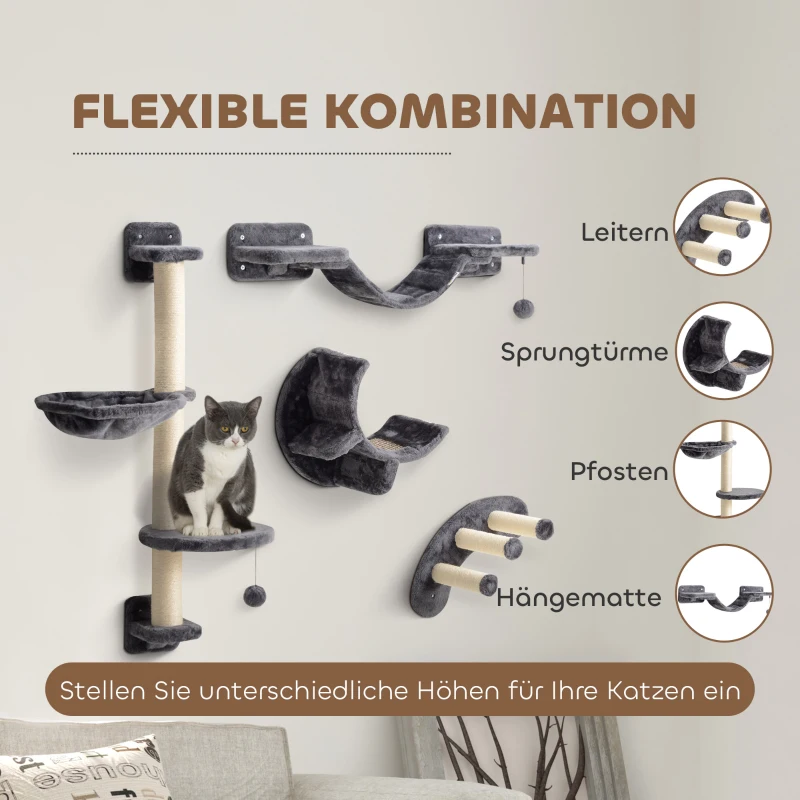 PawHut Kletterwand Katzen 4-teilig Katzen Kletterwand Set mit Hängematte, Katzenbrücke bis zu 5 kg, Dunkelgrau