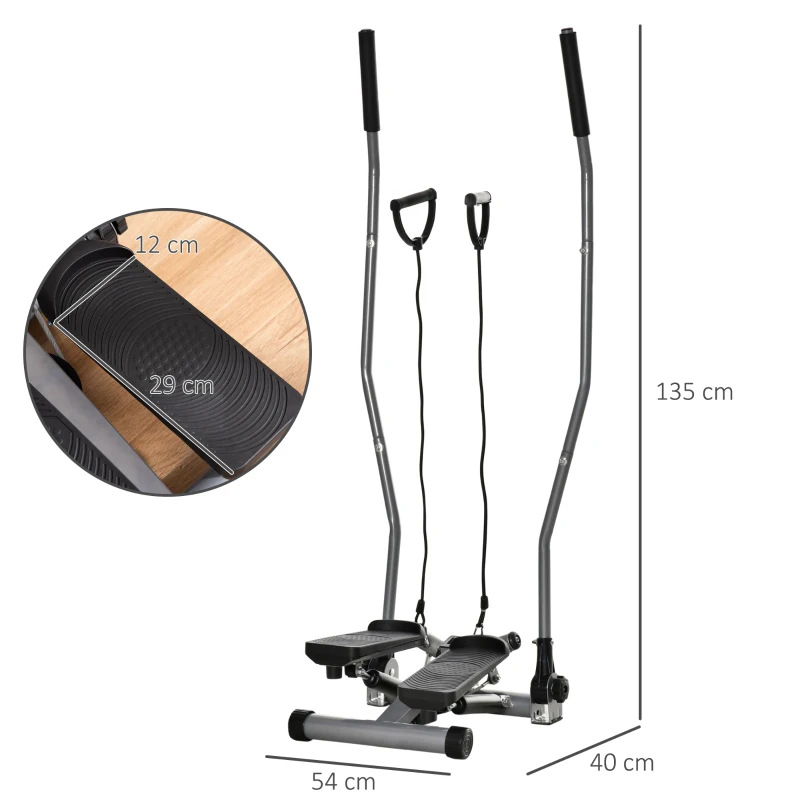 HOMCOM Stepper Fitness cu Maner, Bante Elastice, LCD, Oțel/ABS, Argintiu-Negru