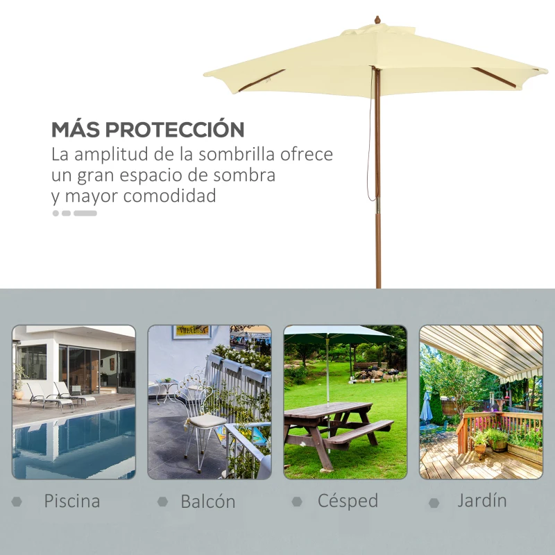 Outsunny Sombrilla Parasol de Madera 250x230 cm para Exterior con 6 Varillas Sistema de Polea Color Crema