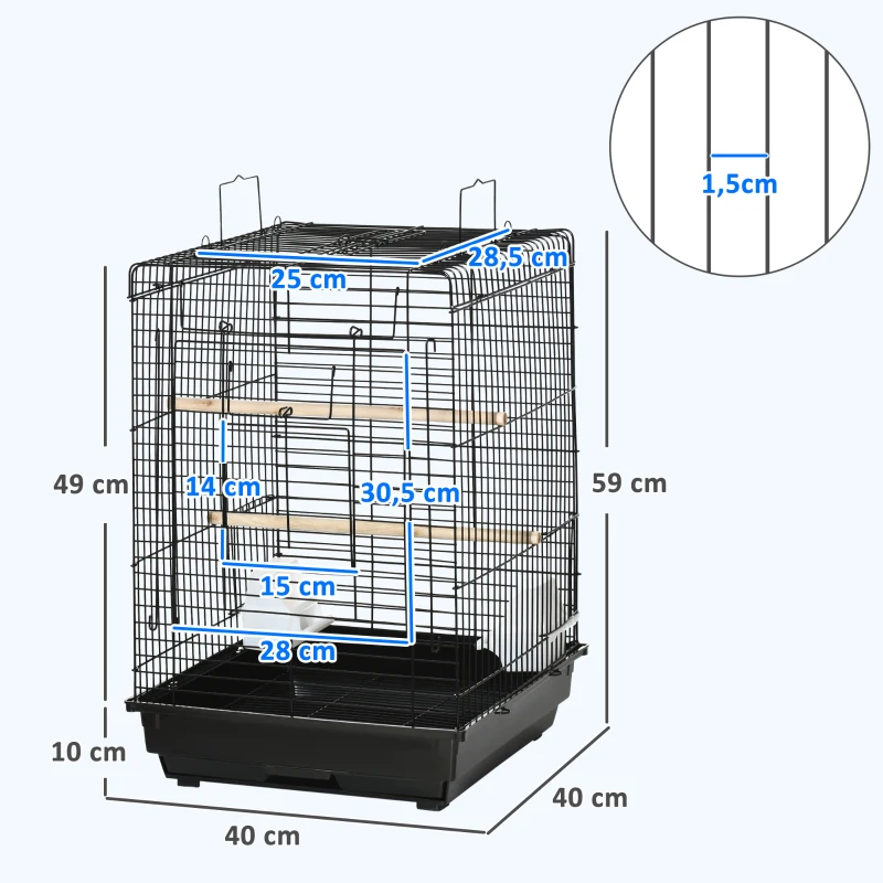 PawHut Gaiola para Pássaros com Teto Abatível 2 Poleiros 2 Comedouros e Bandeja Amovível para Canários Periquitos 40x40x59 cm Preto