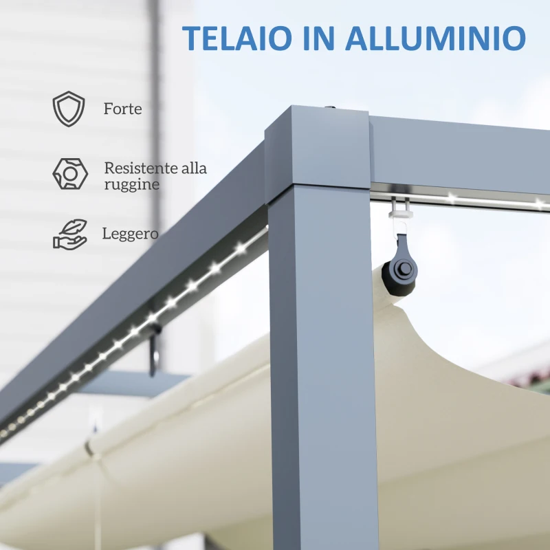 Outsunny Pergola per Giardino Retrattile 4x3 m con Luci LED e Fori di Drenaggio, in Alluminio e Poliestere, Bianco Crema