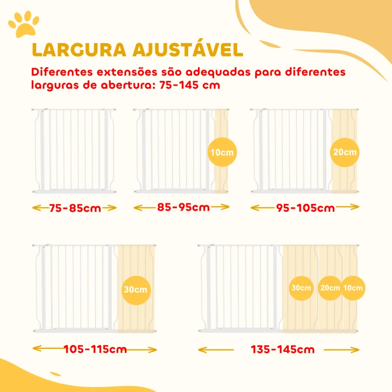 PawHut Barreira de Segurança para Cães Extensível para Escadas e Portas 75-145cm com 3 Extensões Altura 76cm Branco
