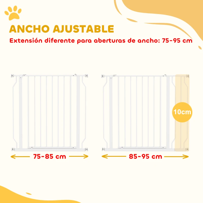 PawHut Puerta para Perros con Ancho Ajustable 75-95 cm Barrera de Seguridad para Perros con Extensión y Doble Bloqueo Blanco