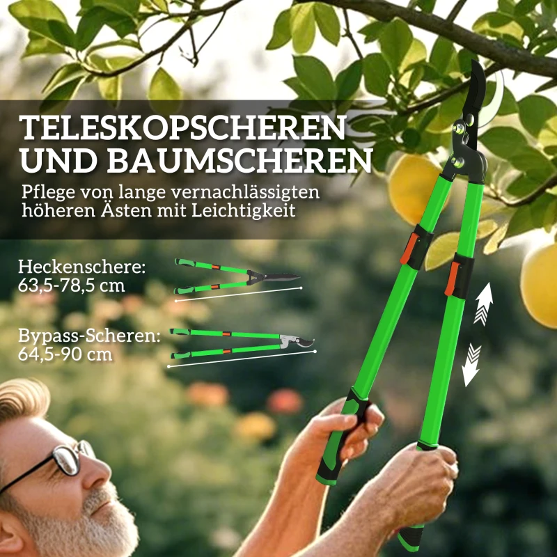Outsunny Heckenschere Set 2-teilig Gartenschere Messerlänge 90 cm Astschere mit Metallklingen, ausziehbarer Griff