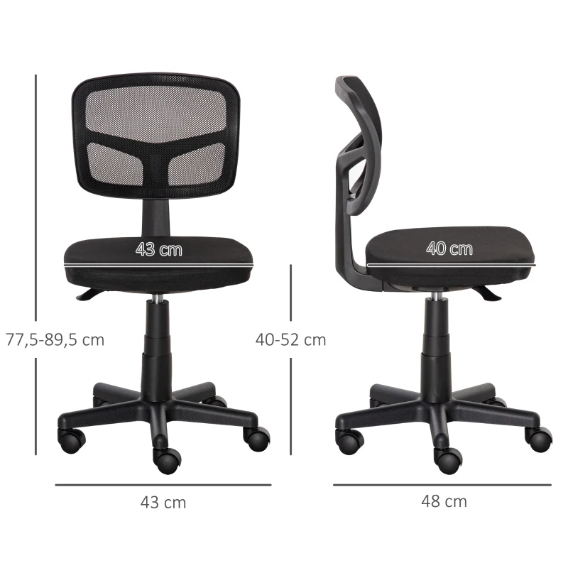 Vinsetto Chaise de bureau sans accoudoirs, fauteuil de bureau en maille, hauteur réglable, assise rembourré, pivotant 360°, noir