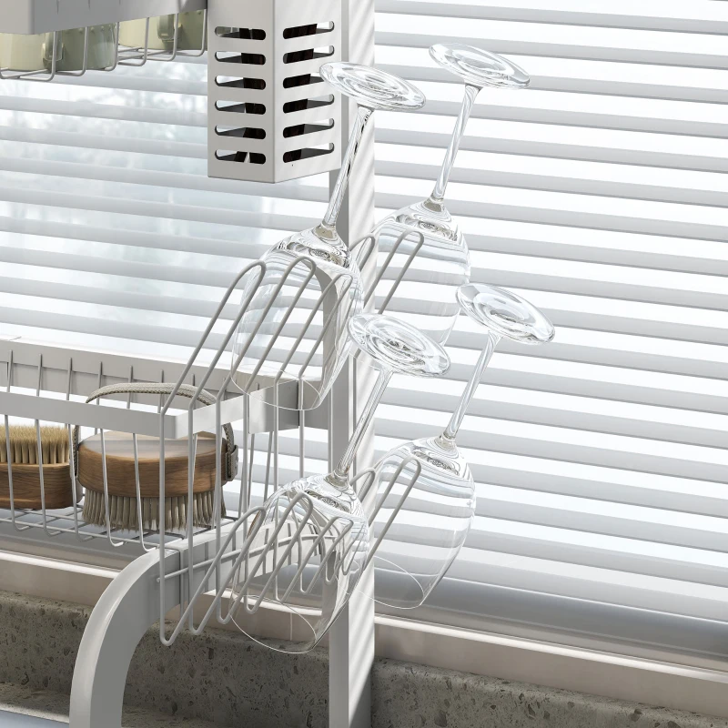 HOMCOM Escurreplatos de Acero de 2 Niveles para Fregadero con Soporte de Tabla de Corte y Cubiertos 100x30x54,5cm Blanco