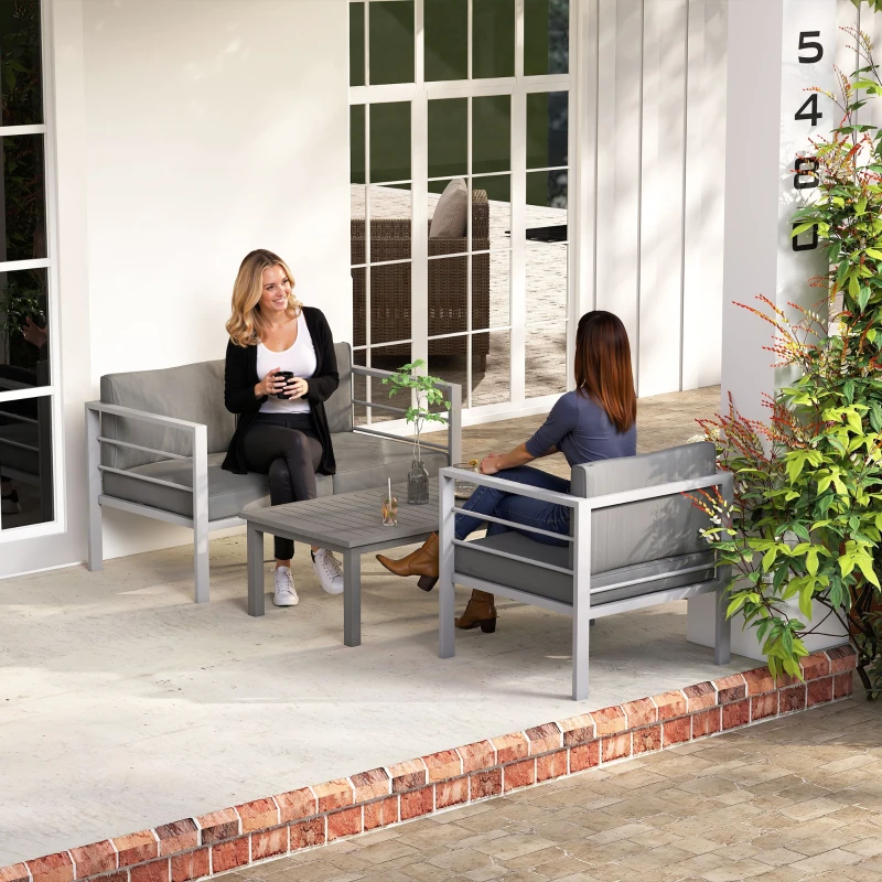Outsunny 4 Piece Garden Furniture Set, 4 Seater Aluminium Garden Sofa Set with 2 Armchairs, Loveseat, Coffee Table and Cushions, Outdoor Conversation Conservatory Furniture for Patio, Charcoal Grey