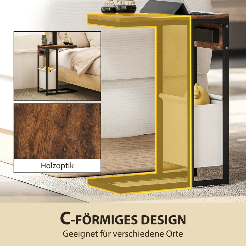 HOMCOM Beistelltisch mit Steckdosen, USB-Anschlüssen, Kabel, C-förmiges Design