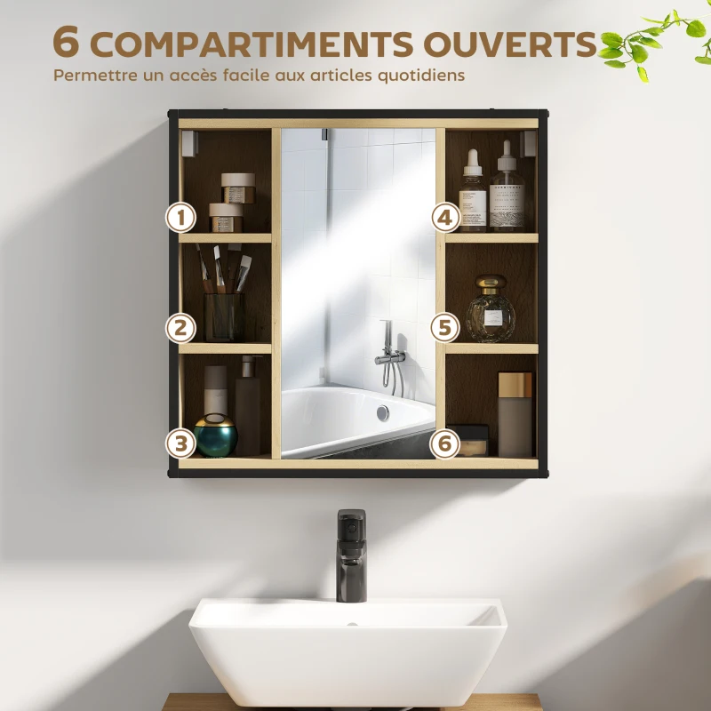 HOMCOM Armoire murale salle de bain avec miroir, 52 x 24,5 cm avec 6 compartiments ouverts et étagère réglable, chêne