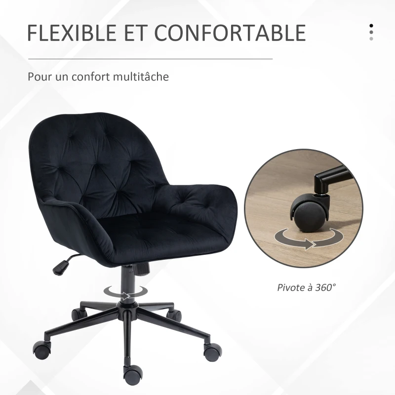 Vinsetto Chaise de bureau, fauteuil de bureau en velours, siège pivotant à 360°, réglable en hauteur, 60 x 61 x 81-91 cm, noir