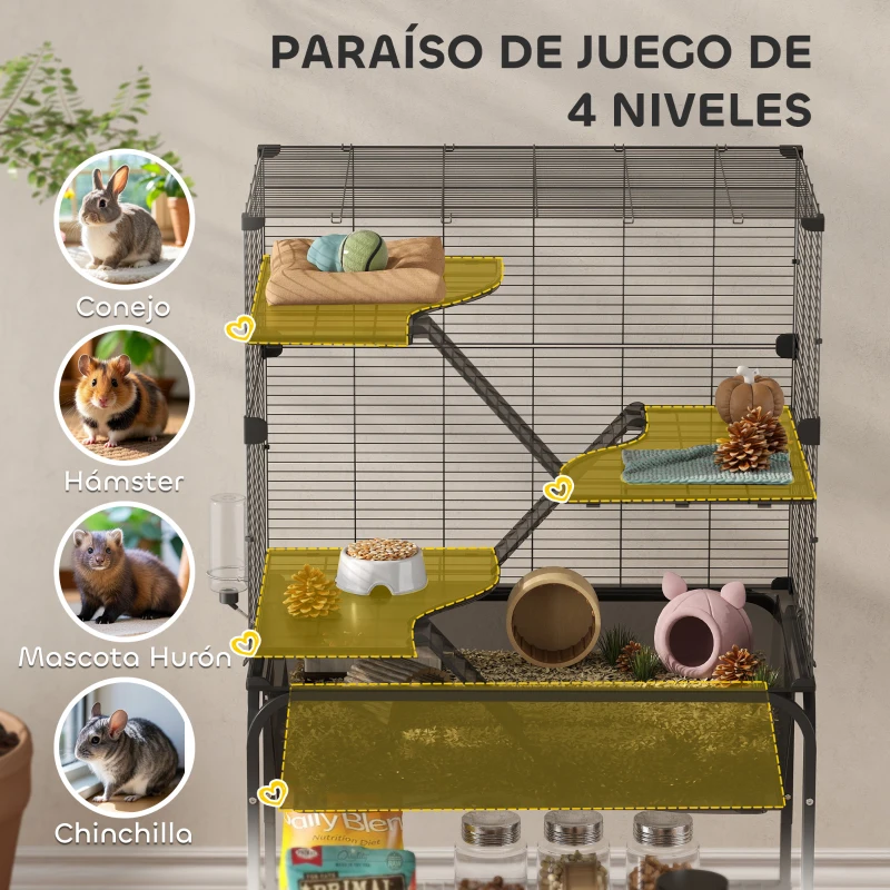 PawHut Jaula para Animales Pequeños de 4 Niveles con Ruedas Bandeja Profunda Rampas Plataformas y Comedero 73x47x123 cm Negro