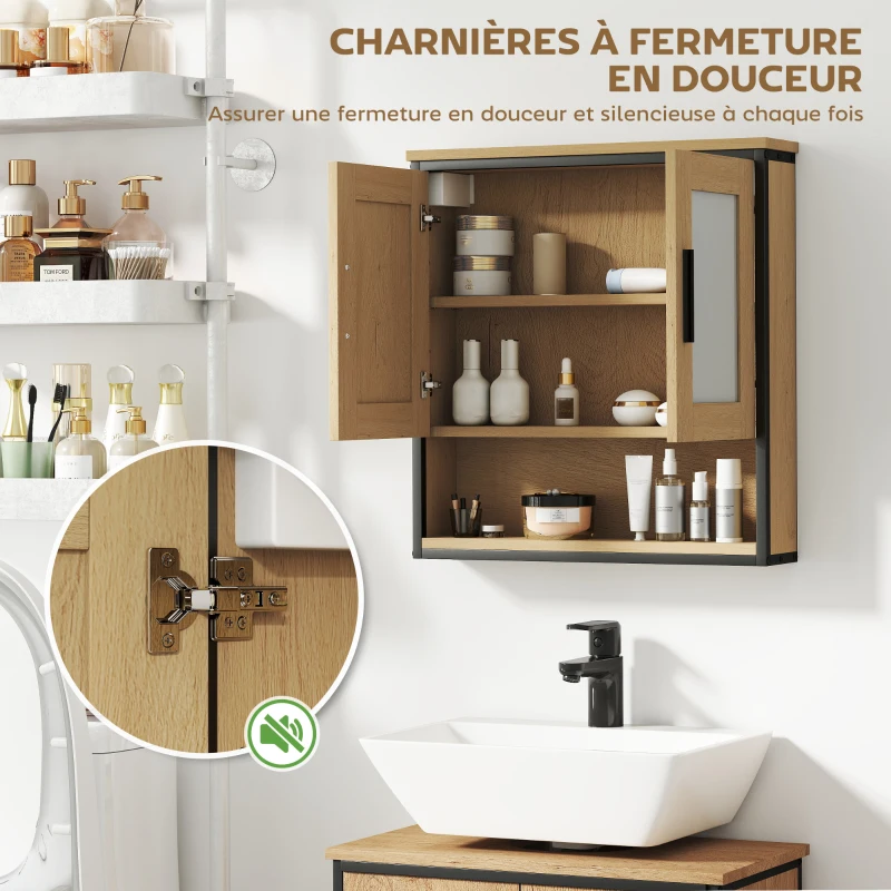 HOMCOM Armoire murale salle de bain avec miroir, meuble salle de bain avec compartiment ouvert et étagère réglable, chêne