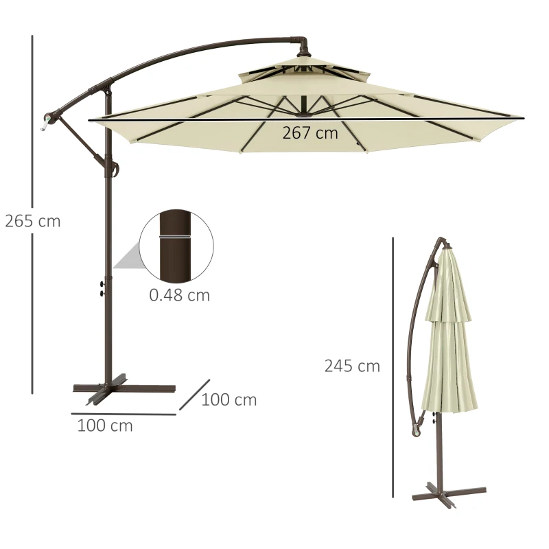 Outsunny 2.7m Garden Banana Parasol Cantilever Umbrella with Crank Handle, Double Tier Canopy and Cross Base for Outdoor, Hanging Sun Shade, Beige