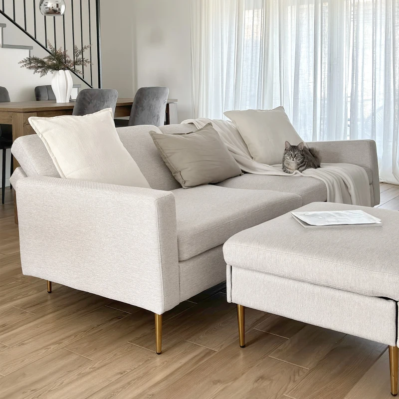 HOMCOM Canapea cu Taburet pentru Picioare, Canapea Extensibila cu 3 Locuri în Formă de L cu Spătar Reglabil, 213x91x83 cm, Crem(m-8)