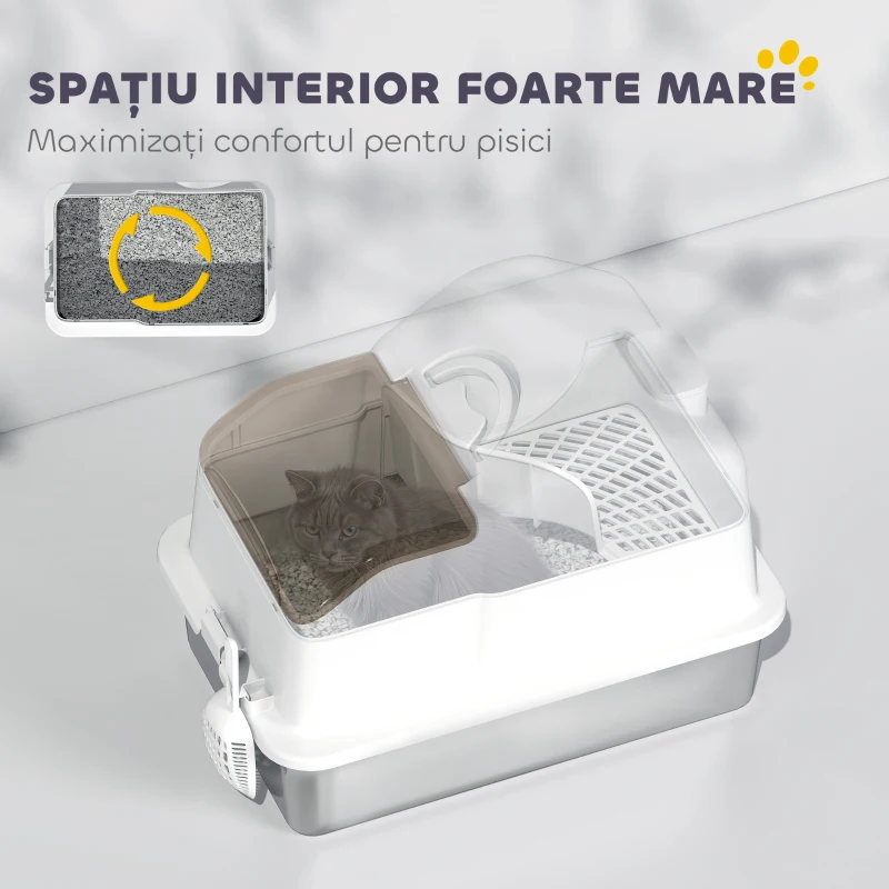 PawHut Litteră Închisă pentru Pisici cu 2 Covorașe și Mâner, Alb și Argintiu