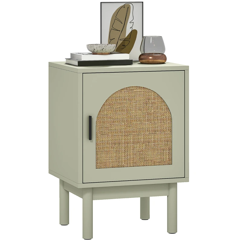 HOMCOM Mesilla de Noche con Puerta de Ratán Estante Ajustable y Patas de Madera Estilo Bohemio 40x35x58 cm Verde Claro