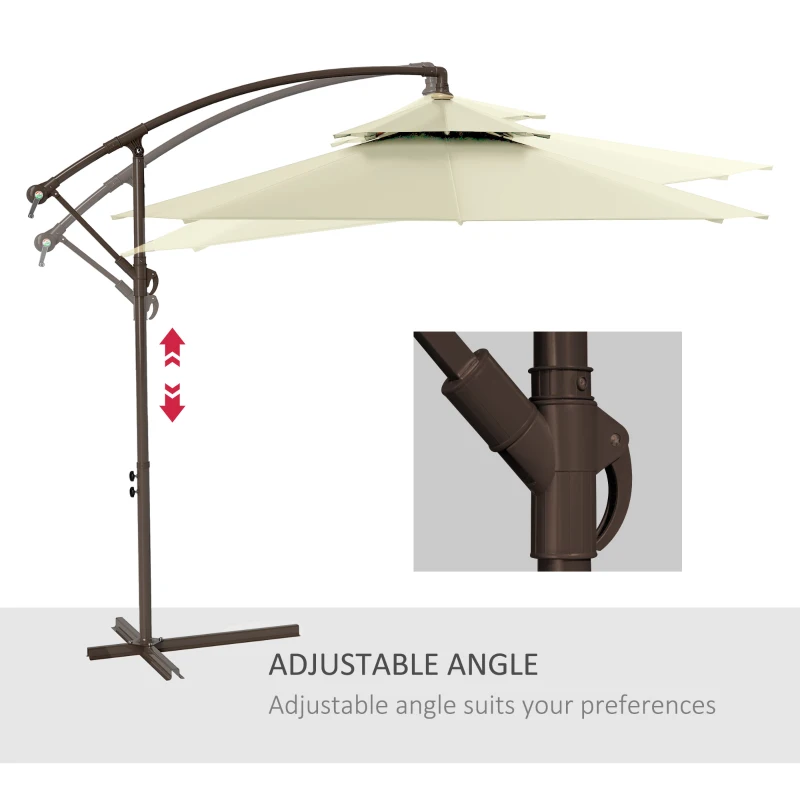 Outsunny 2.7m Garden Banana Parasol Cantilever Umbrella with Crank Handle, Double Tier Canopy and Cross Base for Outdoor, Hanging Sun Shade, Beige