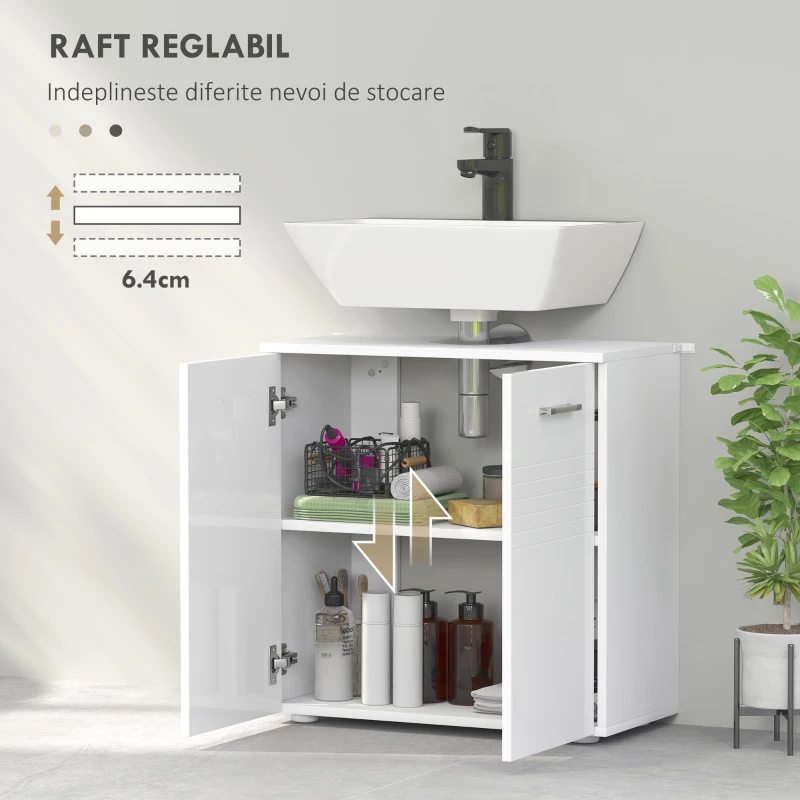 Kleankin Mobilier subchiuveta pentru Baie cu 2 Usi, Dulapior cu Economisire de spatiu pentru Chiuveta din Lemn cu Polita Reglabila, Alb(m-5)